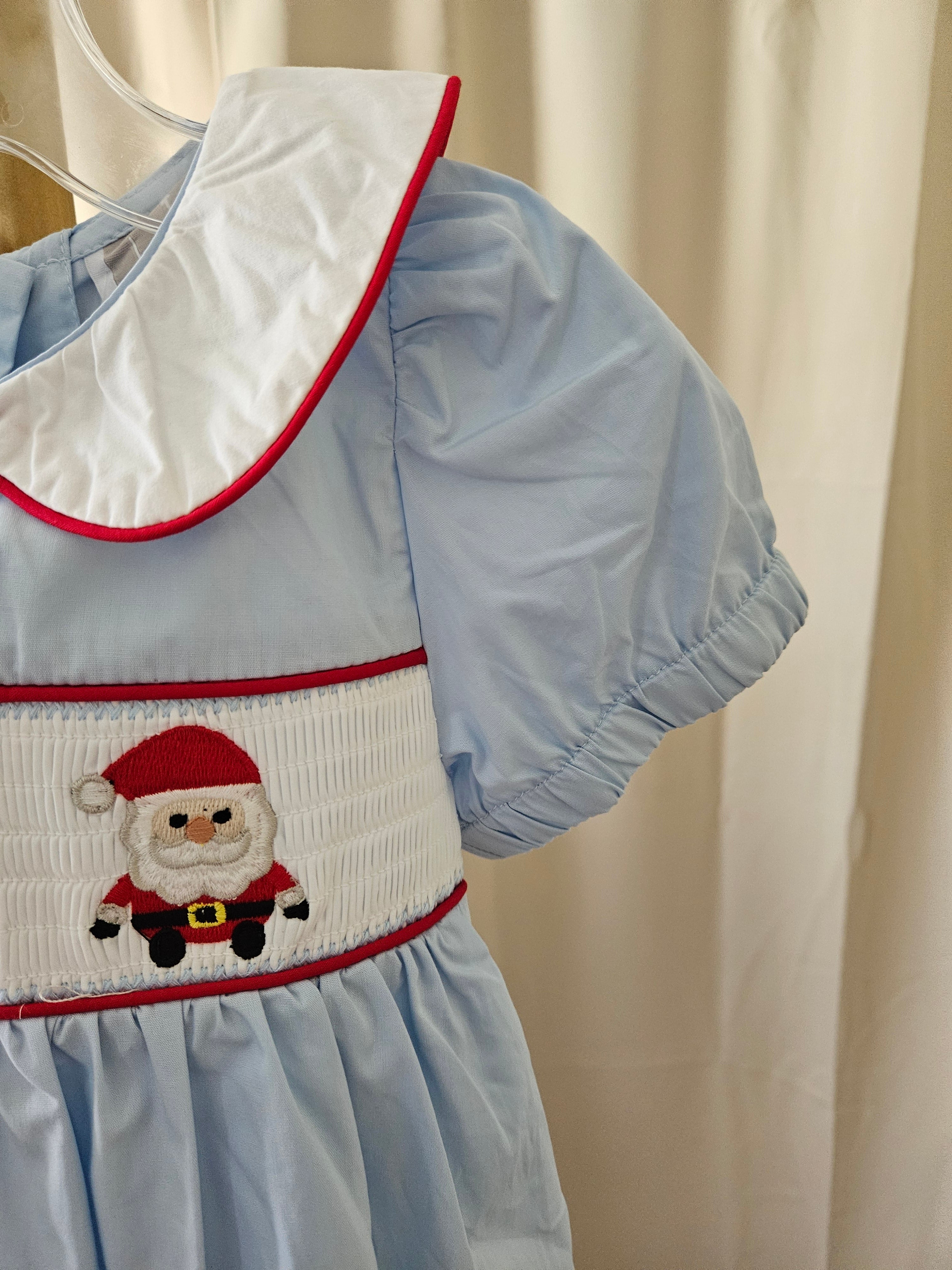 Lil Cactus Smocked Santa Dress Light Blue Red Accents Peter Pan Collar