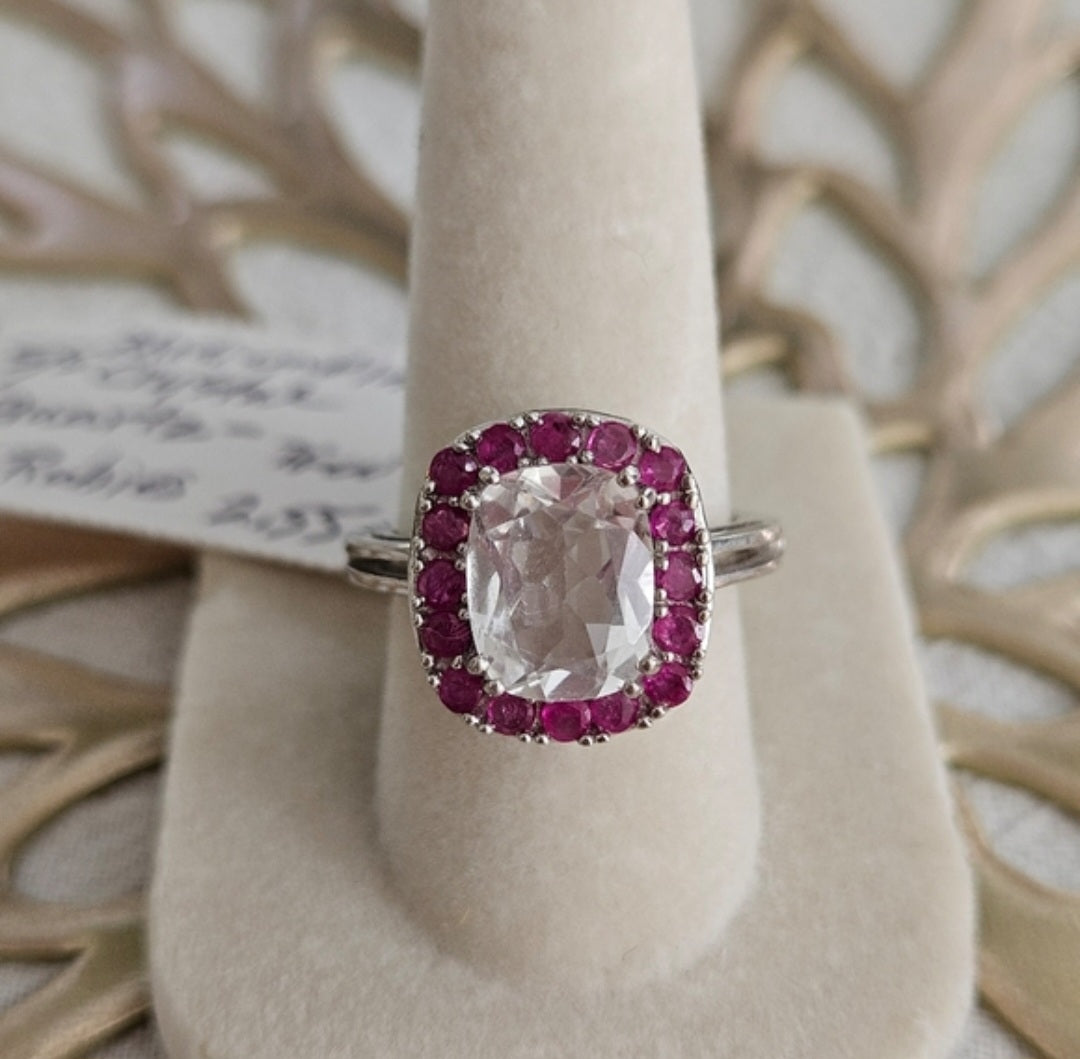 Crystal Quartz With Red Ruby Accent 925 Silver Over Rhodium Sz 7