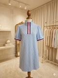 Lovesoft Beau Blue Textured Dress Contrast Pink & Navy Trim Puff Sleeve