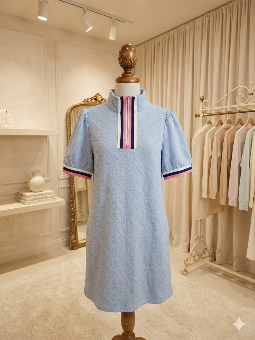 Lovesoft Beau Blue Textured Dress Contrast Pink & Navy Trim Puff Sleeve