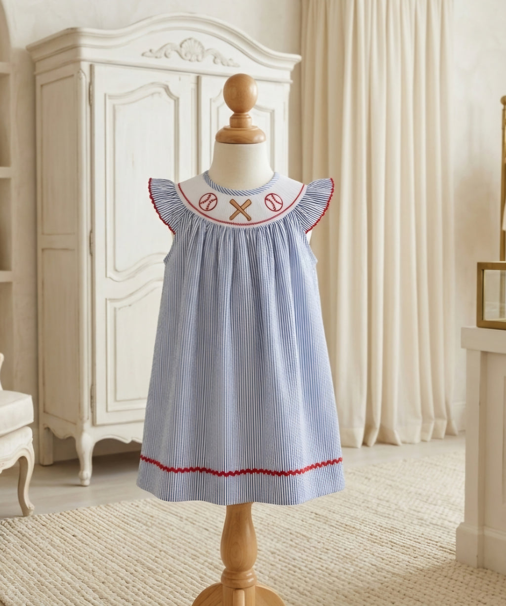 Lil Cactus Blue & White Seersucker Smocked Baseball Dress