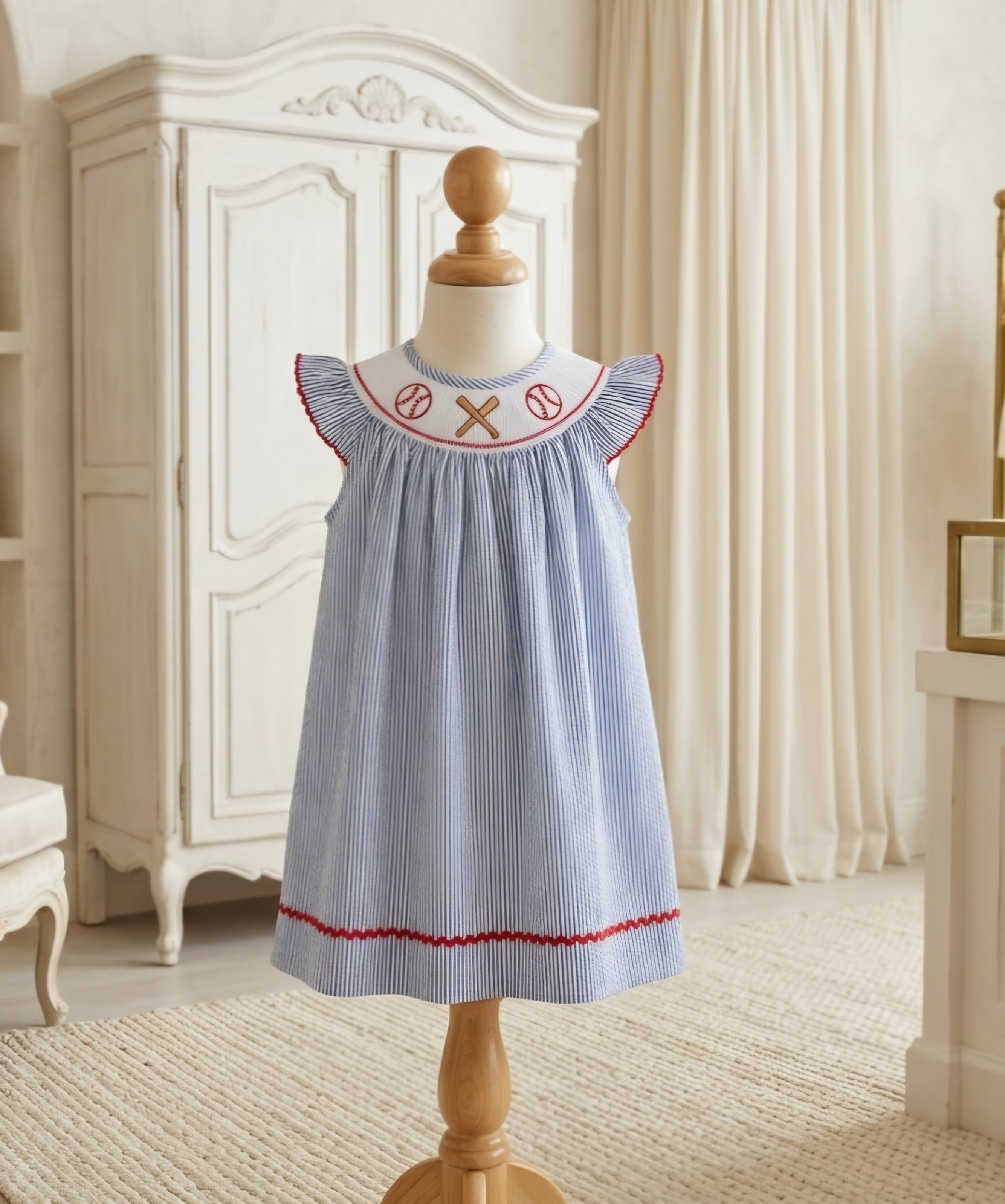 Lil Cactus Blue & White Seersucker Smocked Baseball Dress