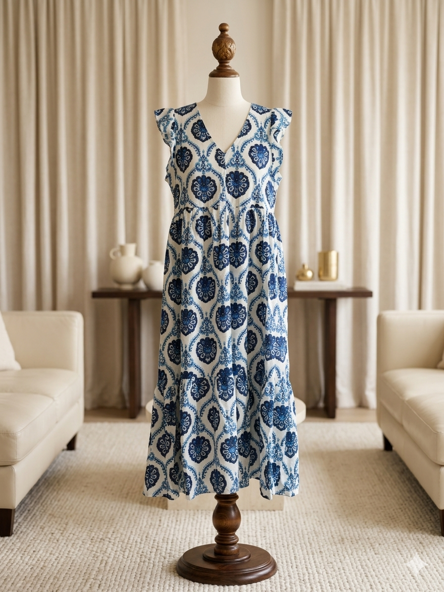 Wholesalesir Blue Damask Flutter Sleeve Maxi Dress