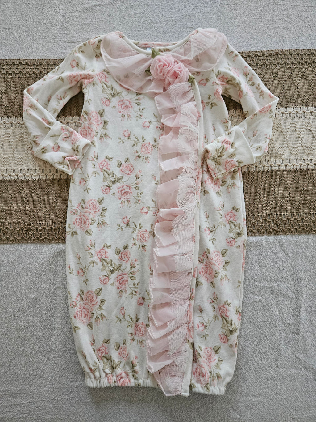 Edgehill Collection Floral Baby Gown  with Ruffle Detail Sz 0-6M