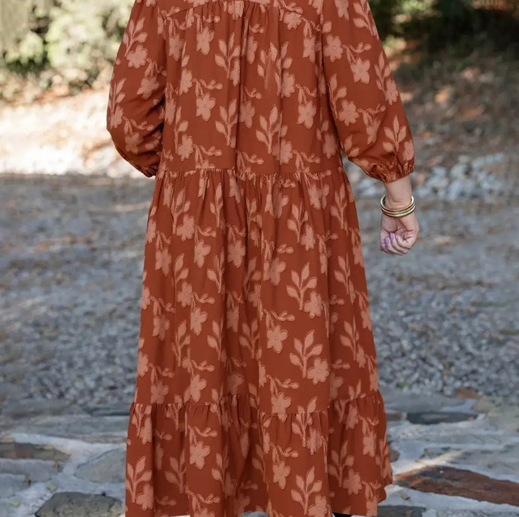 Lovesoft Cinnamon Textured 3D Flower Pattern Ruffle Hem 3/4 Sleeve Dress Sz 2X