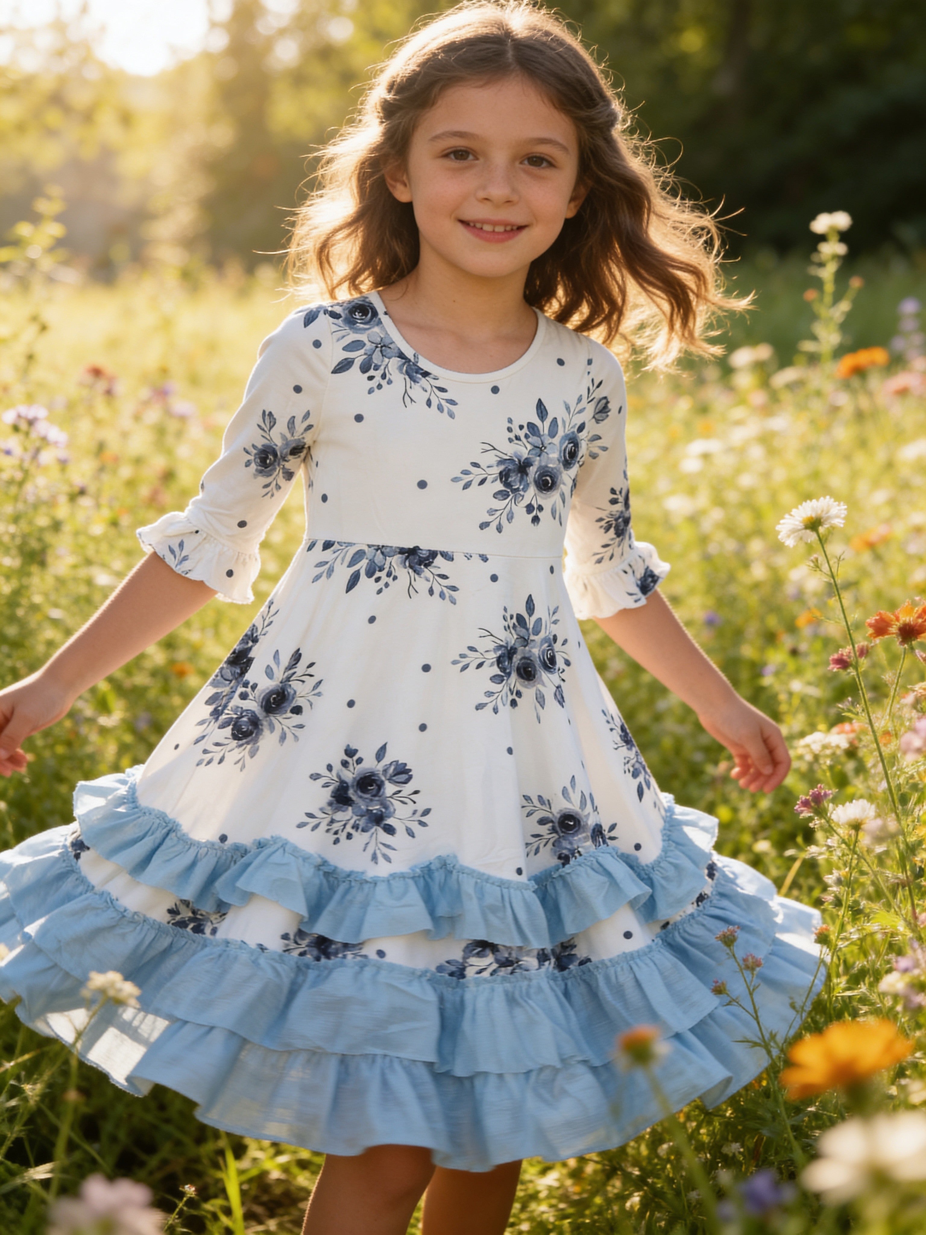 Oopsie Daisy Blue Floral Long Ruffle Dress
