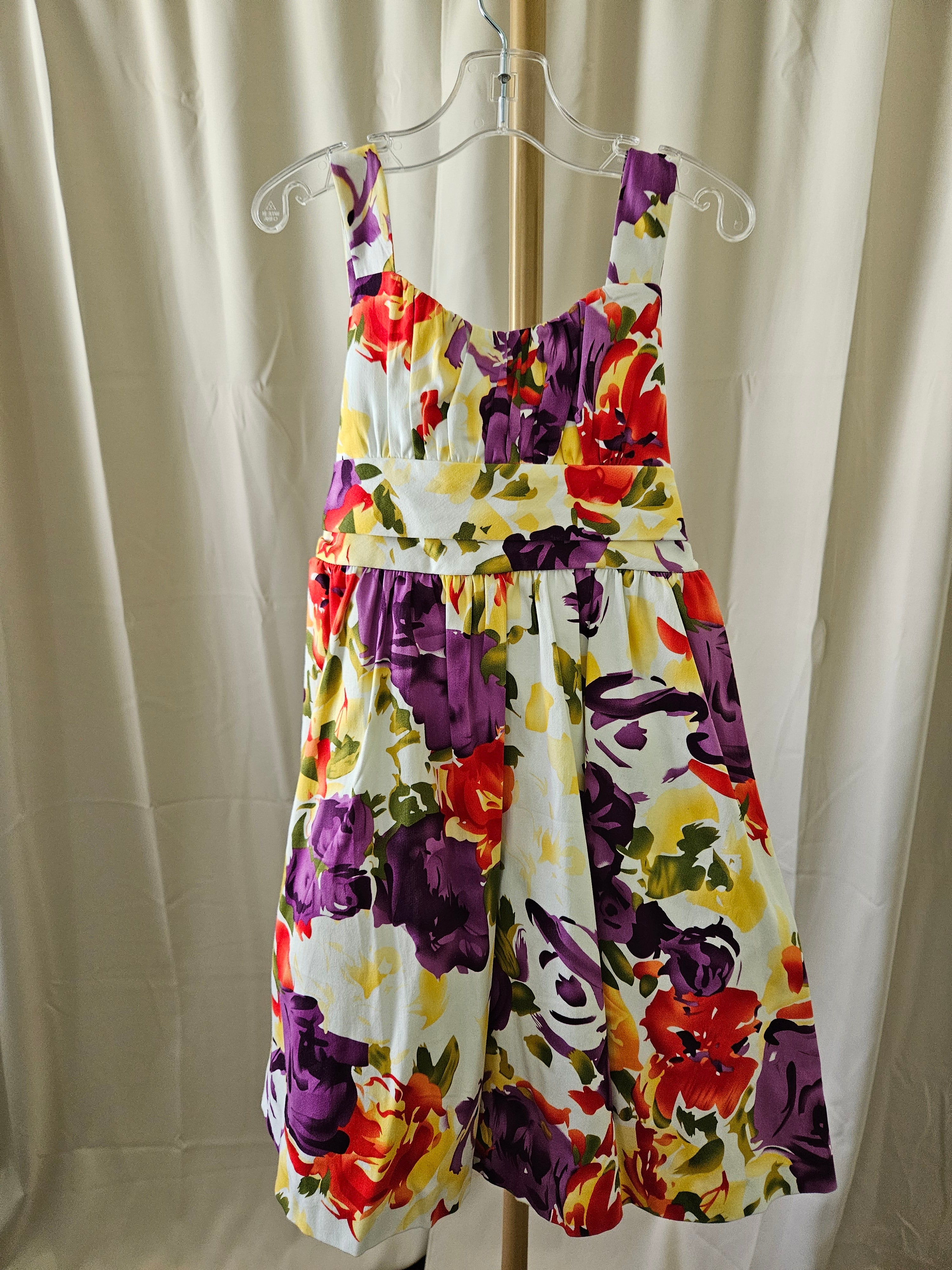 Rare Editions Vibrant Floral Sleeveless Dress with Tulle Skirt & Back Sash | Size 7